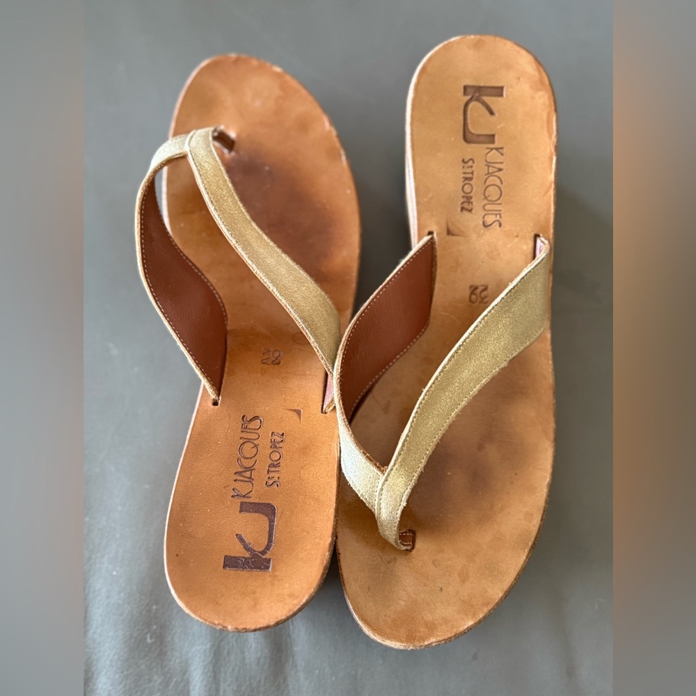 K.Jacques Gold Sandals with T-Strap Design